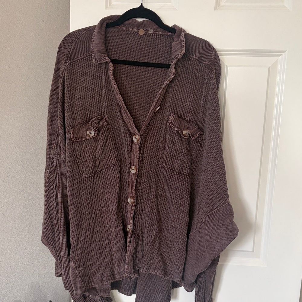 Purple Button-Up Waffle Knit Shirt